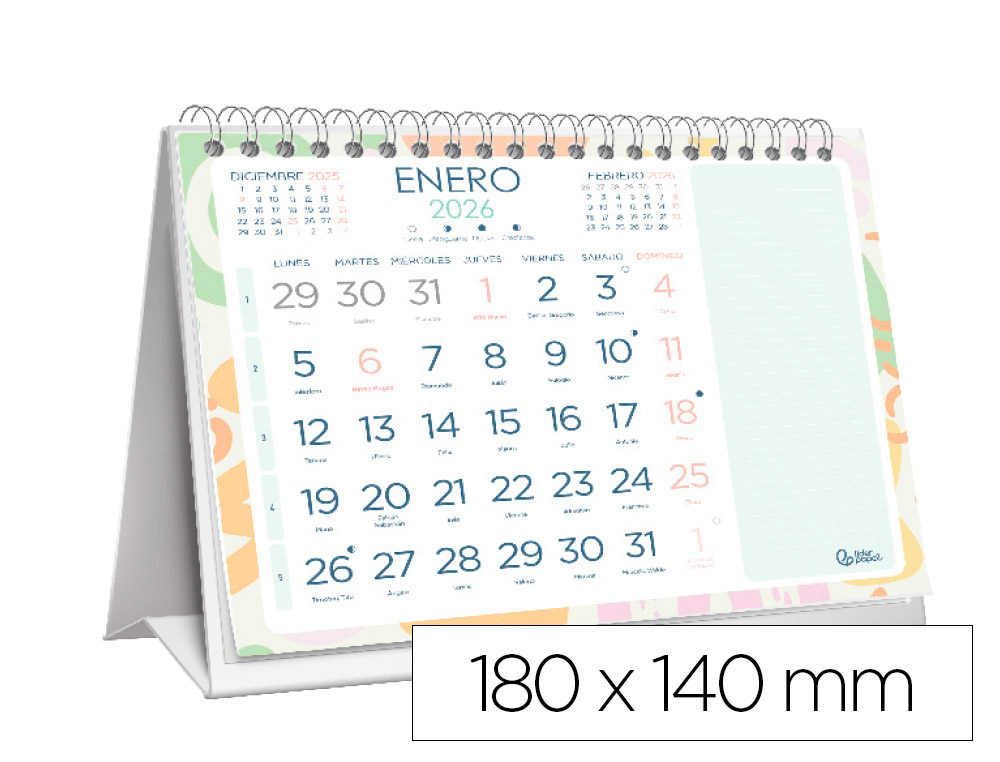 CALENDARIO ESPIRAL TRIANGULAR LIDERPAPEL DE SOBREMESA SERIE JOVEN 2026 18X14 CM PAPEL 128 GR CON PEGATINAS