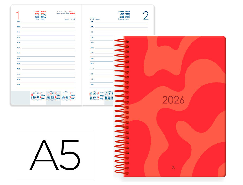 AGENDA ESPIRAL LIDERPAPEL SYROS A5 2026 DA PGINA ROJO PAPEL 60G FSC
